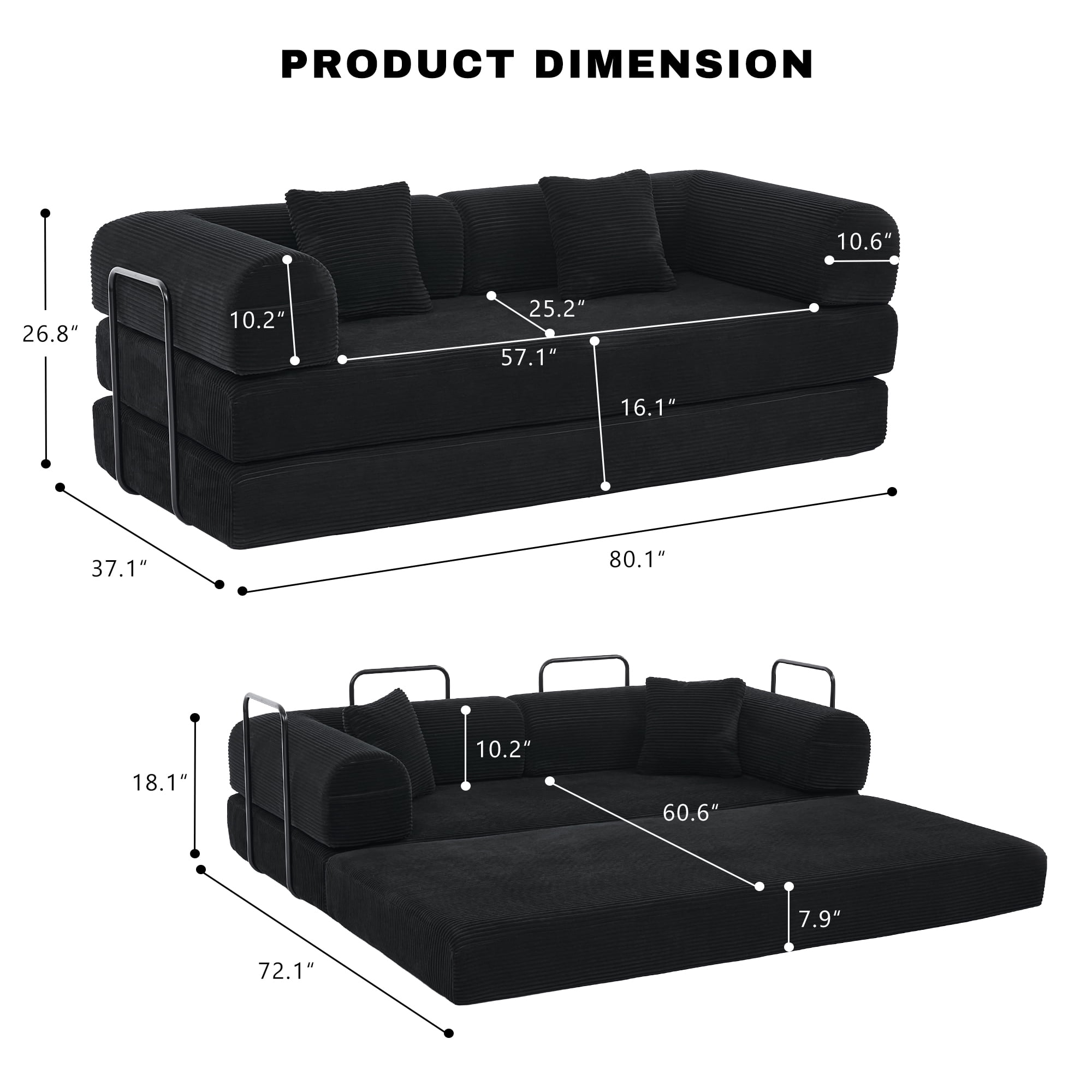 GAOHAPY 80" Convertible Sleeper Sofa Bed, Corduroy Foldable Futon Couch with Pillows, No Assembly Sofa Couch for Living Room Small Spaces Apartment,Black