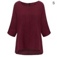 thumbnail image 1 of Femmes T-Shirt Couleur Unie Casual Top Manches Courtes Lin Fille Blouse Ronde, Rouge Vin, S, 1 of 7