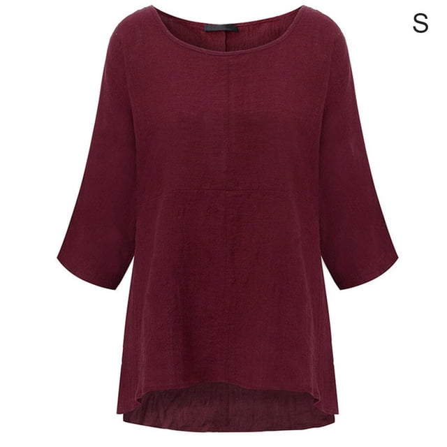 Femmes T-Shirt Couleur Unie Casual Top Manches Courtes Lin Fille Blouse Ronde, Rouge Vin, S