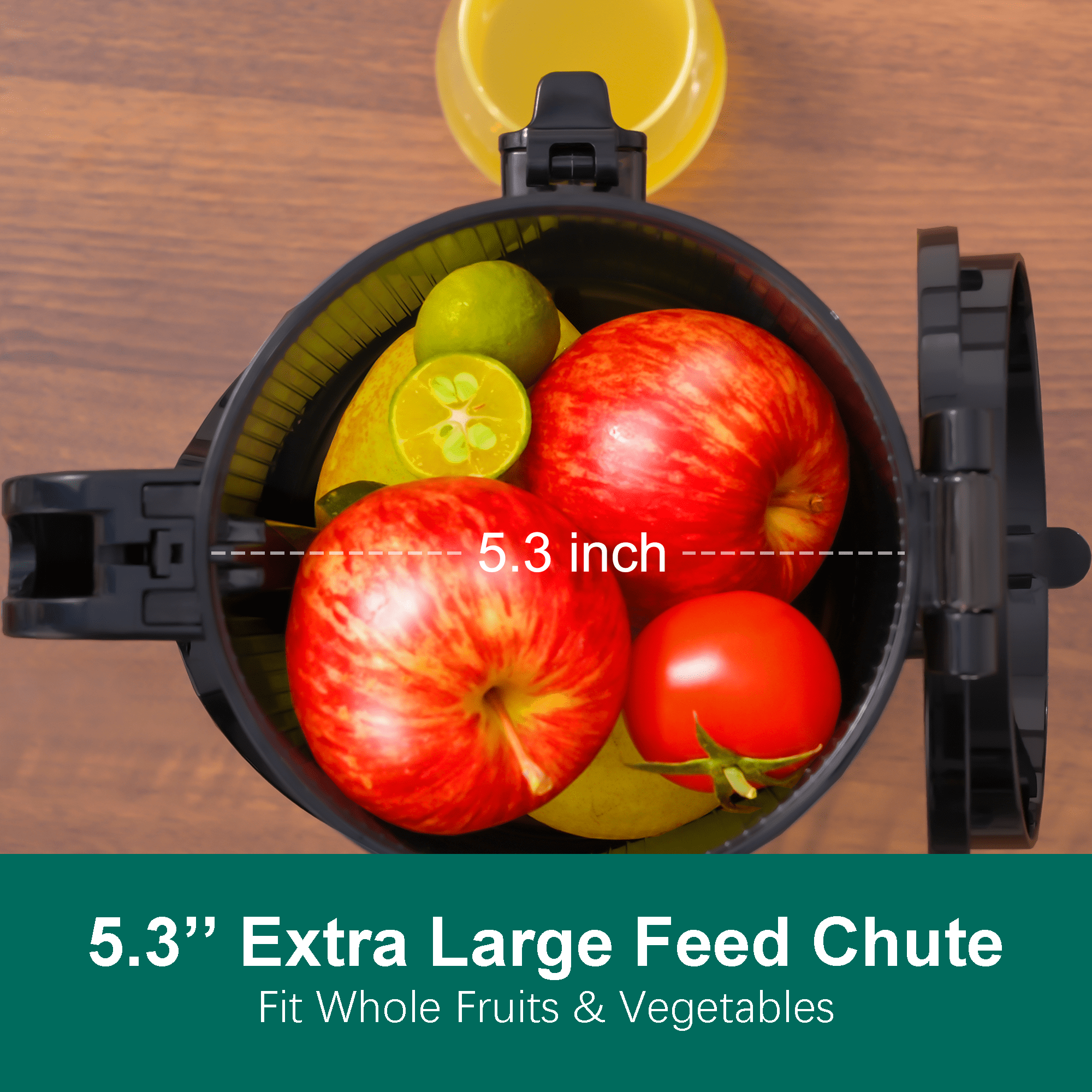 Fretta Cold Press Juicer with 5.3" Extra Large Feed Chute, 250W Slow Masticating Machines Fit Whole Fruits & Vegetables, High Juice Yield, BPA Free (Black)