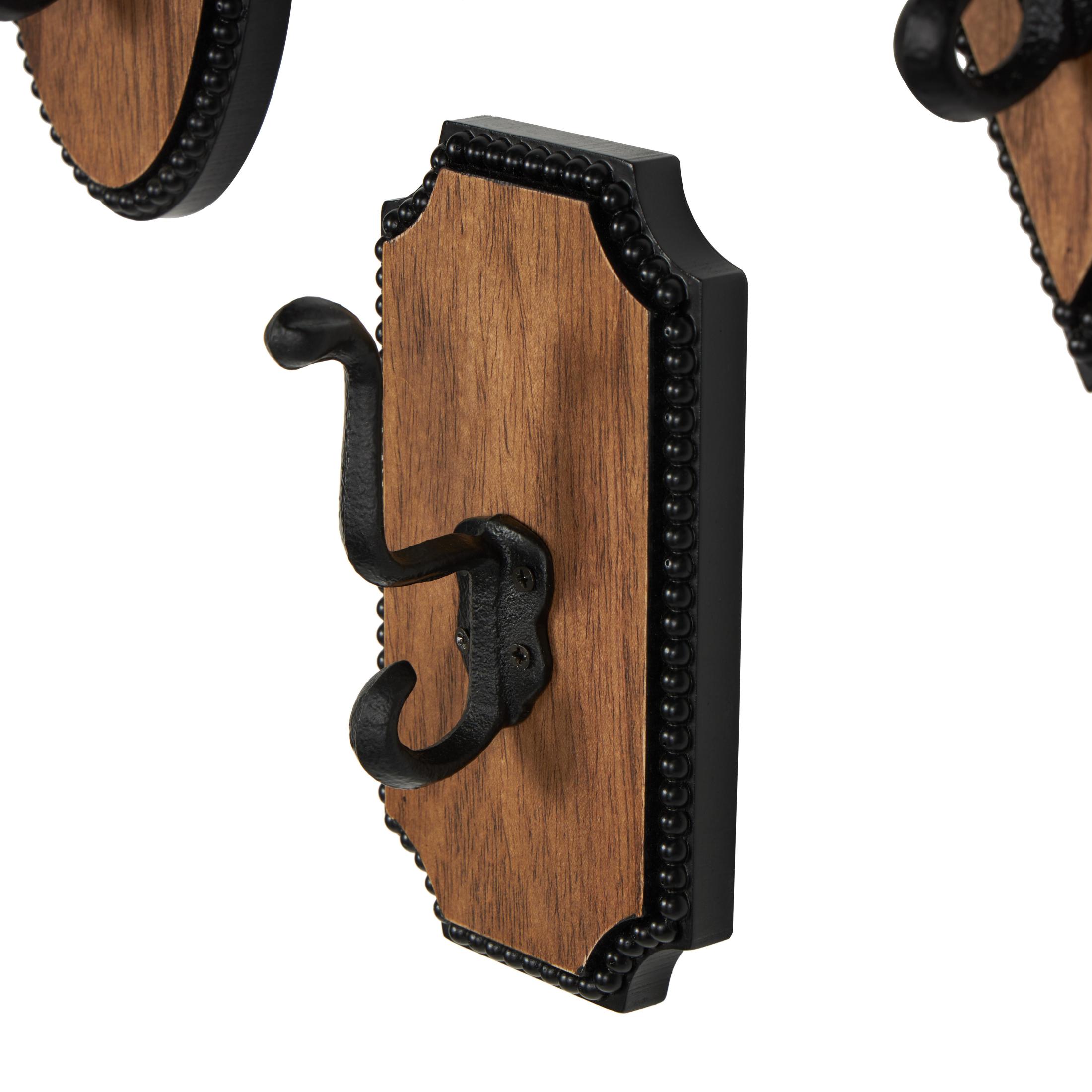DecMode 4"W, 7"H Brown Wooden Vintage Inspired Geometric Wall Hook with Black Beaded Frames, 4-Pieces