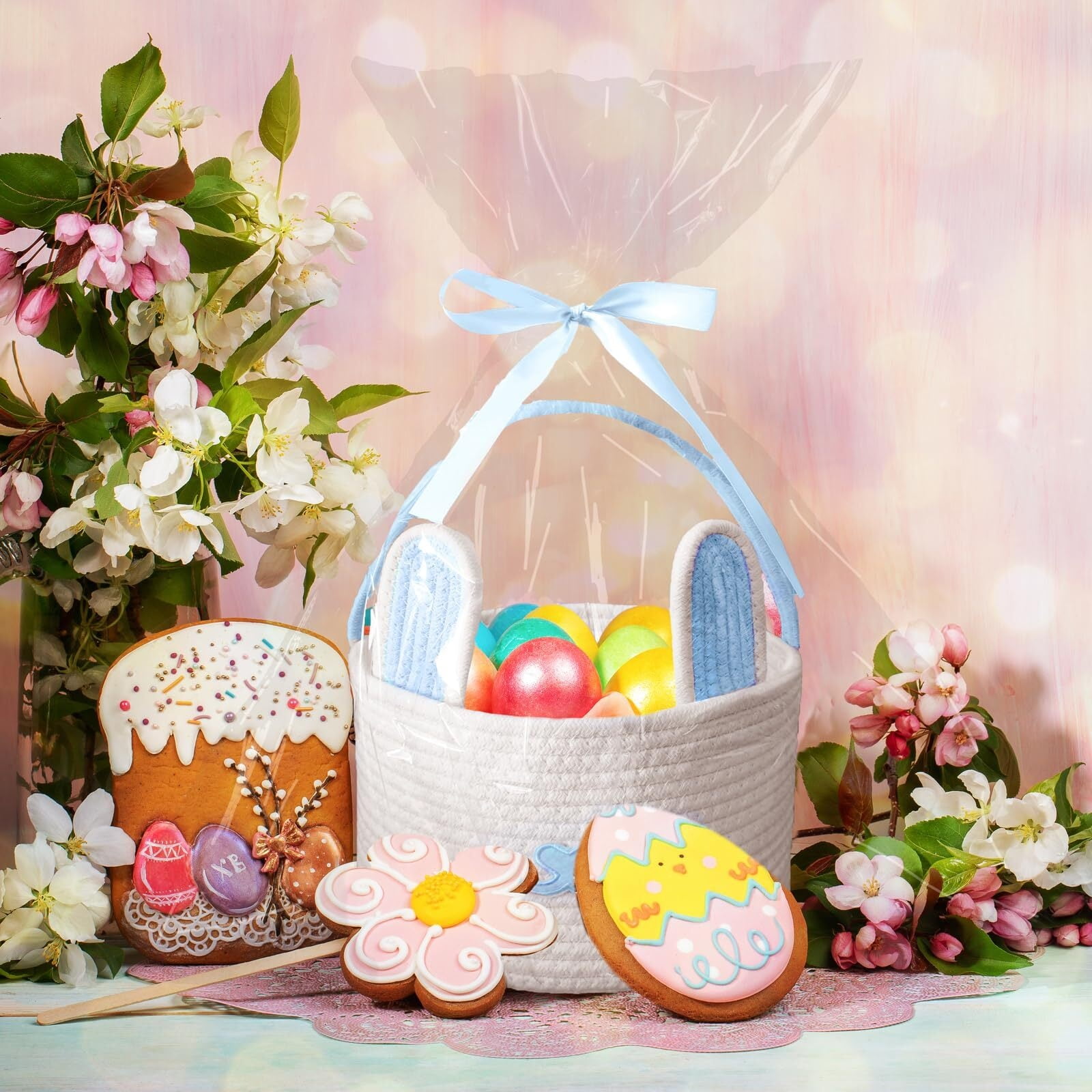 Cute Easter Basket, Large Easter Bunny Basket, Woven Cotton Rope Baby Egg Easter Baskets for Girls, Boys, Toddler, Babies, Infant, with Gift Bags and Ribbons, Pink