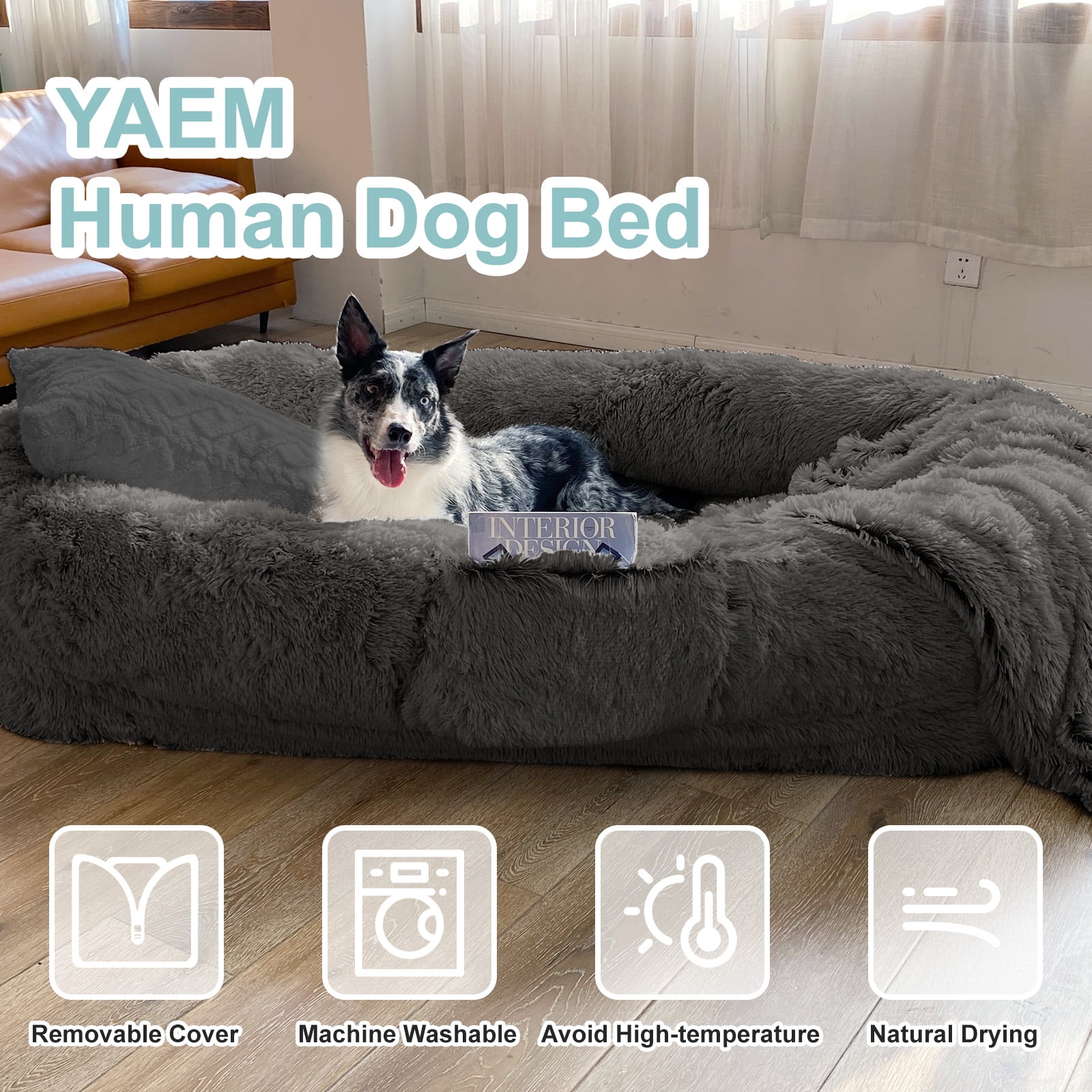 Dokdogs Human Dog Bed for Adults & Pets, 70"x44"x11" Oversized Faux Fur Lounger Bed with Washable Cover, Orthopedic Cushion, Pillow & Blanket, Dark Gray