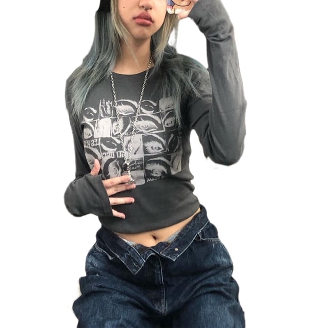Blusa estampada para mujer Camisa retro de manga larga con gráfico Slim Top XBTCLXEBCO Gris, Chico