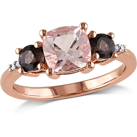 2-1/7 Carat T.G.W. Morganite and Smoky Quartz with Diamond-Accent Rose Rhodium-Plated Sterling Silver Three Stone Ring