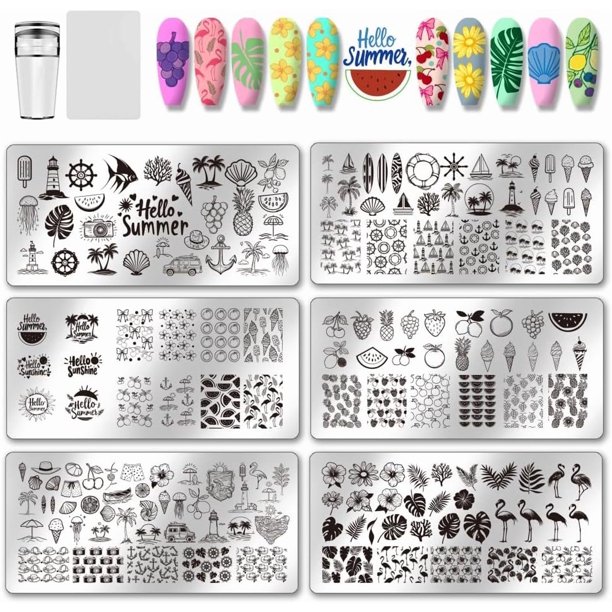 Kit de placas para estampar uñas de verano (6 piezas) con plantillas de playa y océano. Incluye placas de acero inoxidable con imagen y herramienta raspadora de silicona.