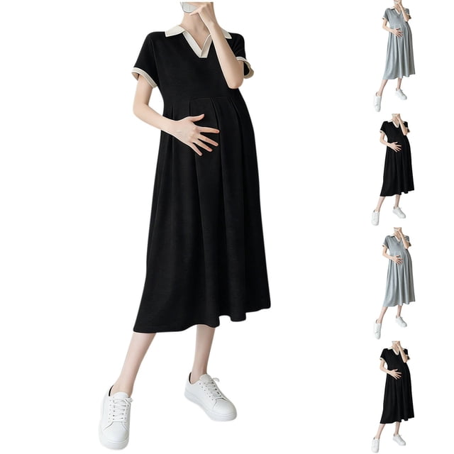 NSLGXD Robe de Maternité pour Femmes à Col en V, Robe Plissée à Manches Courtes, Décontractée et Fluide, Robe de Grossesse Midi, Robe Noire, Taille m-2TG