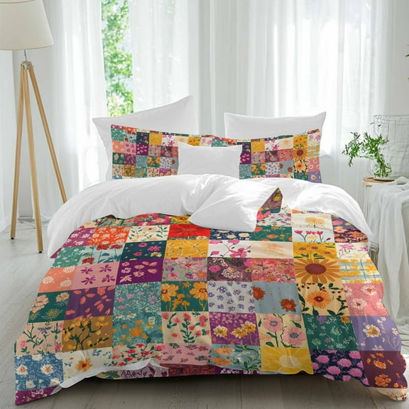 Vintage Flowers Duvet Cover Set Queen Size Blooming Flowers Irregular Arrangement Soft Lightweight Comforter Covers 4 Piece Bedding Set with 1 Duvet Cover 1 Bed Sheet & 2 Pillow Shams