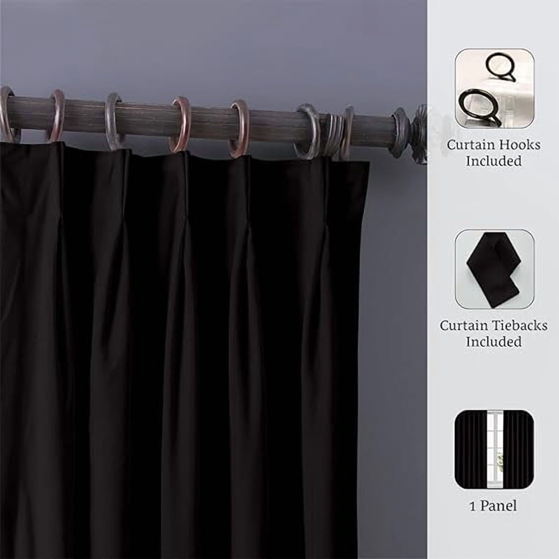 Homi Drapes Double Pinch Pleated Blackout Curtains – Thermal Insulated, Room Darkening Window Treatments Back Tab Curtains for Home or Office – 1 Panel with Hooks & Tiebacks (Black,52x45)