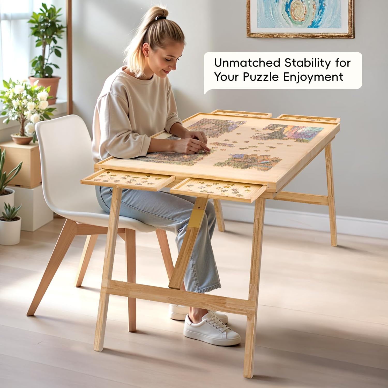 27.6" high 1500 piece puzzle table with legs, 4 drawers, 34.3" wide x 26.5" deep,