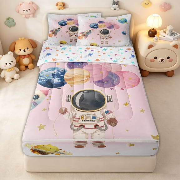 Erosebridal Watercolor Astronaut Planet Zipper Twin Comforter Sets with Fitted Sheet and 2 Pillowcases for Boys Girls, Pink Space Balloon Zipper Bedding Set, Stars Reversible, 4 Pieces