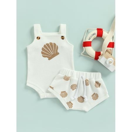 

0-18M Baby Girls Boys Cute Clothes Sets 2pcs Shell Printed Strap Sleeveless Romper Tops+Shorts Clothing
