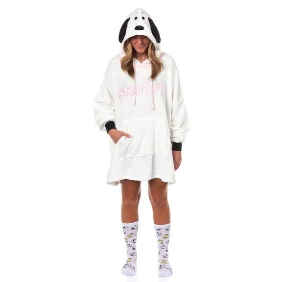 Peanuts Snoopy Pajamas Women's Pullover Hooded Adult Plush Dorm Sleep Shirt