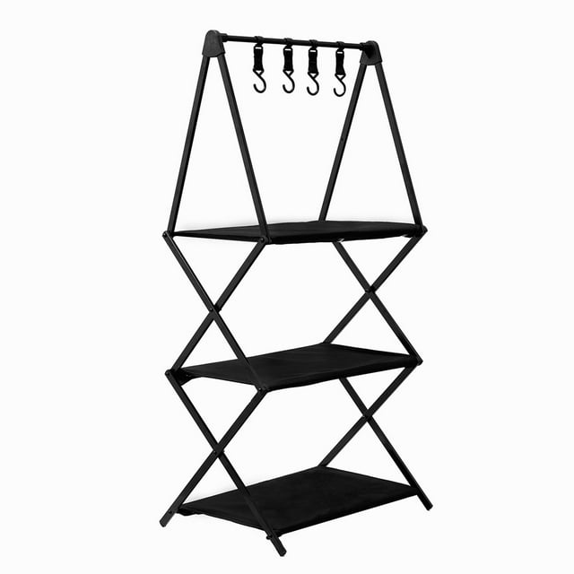yeacher Étagère de Camping Pliante en Aluminium Portable avec Crochets, Table de Rangement Extérieure Noire à 3 Niveaux pour la Randonnée et les Pique-Niques