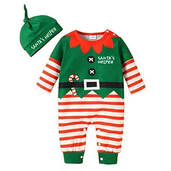 StylesILove Infant Baby Boys Long Sleeve Green Elf Loose Jumpsuit with Hat 2pcs Christmas Holiday Romper Outfit (18 Months)