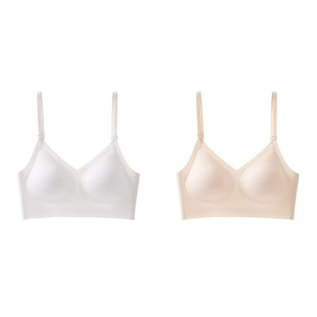 Lojoutye 2 Pack(White 1PCS & Beige 1PCS) Multipack Low Back Bra for Women Wirefree Seamless Bra Backless Multiway Straps Convertible Halter Bra with Padded Removeable