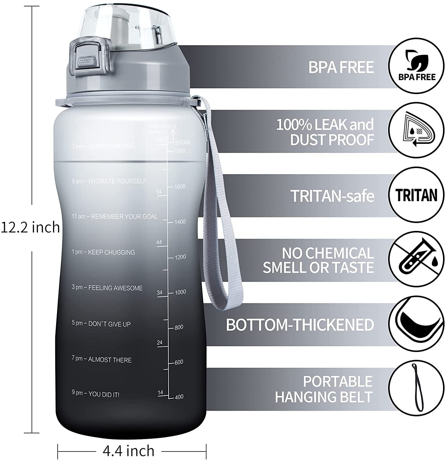 Thick Bottom Half Gallon / 64Oz Container with Hydration Measurements Paracord Handle ABYON Water Bottle with Removable Straw Tritan Plastic Leak & Dust-Proof Non-BPA 