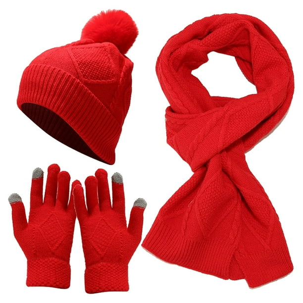 Conjunto de tres piezas de gorro, bufanda y guantes, cálido y aislante, gorro de punto grueso