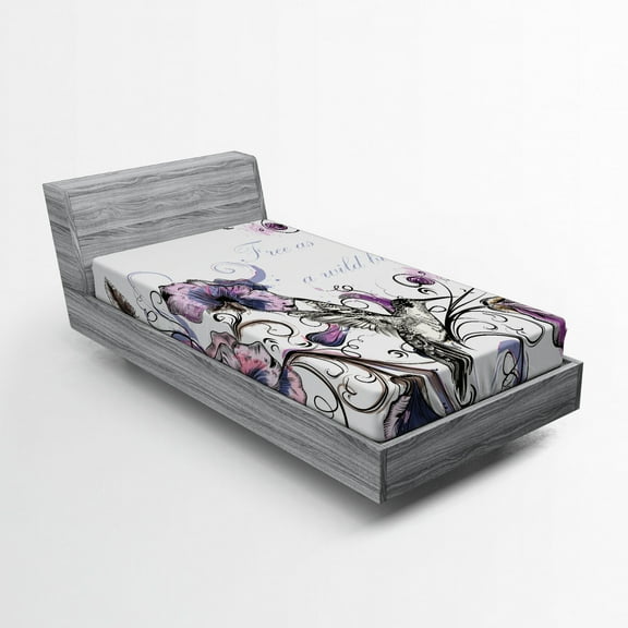 Ambesonne Bird Fitted Sheet, Ornate Flowers Leaves, Twin Size, Purple Black