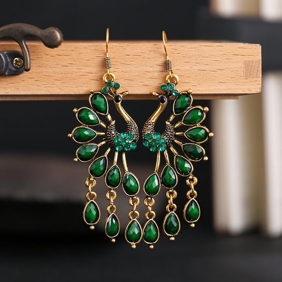 U8MO Ethnic Peacock Bronze Color Opaque Rhinestones Tassels Dangle Hook Earrings-Green