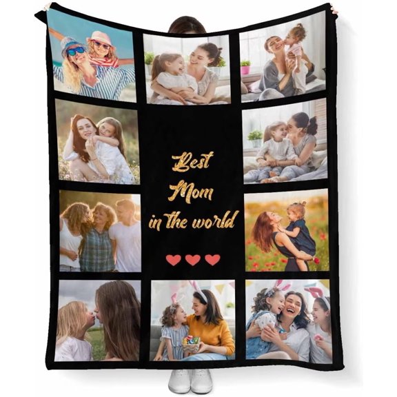 AISENIN Customized Family Photo Cozy Throw Blanket Black Throw Blanket Custom Bed Blankets with Photos for Mom Mother's Day Gift