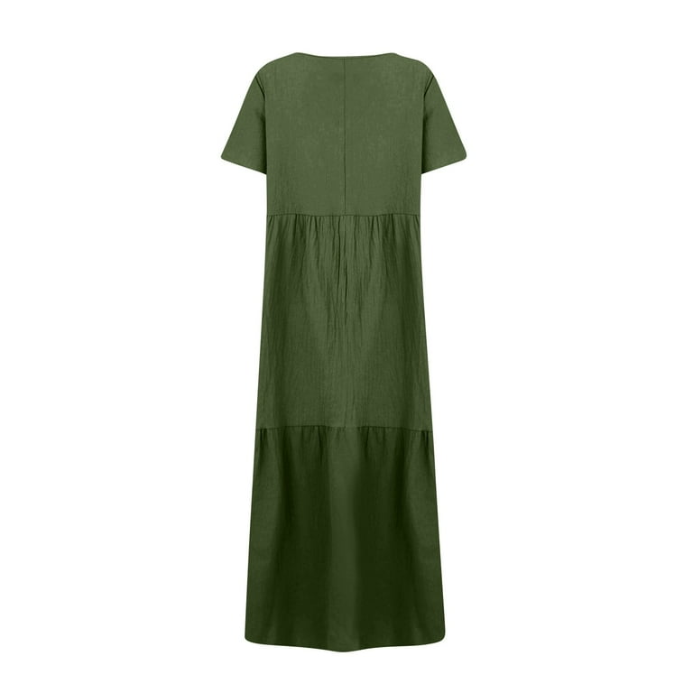 TrdSipl Plus Size Cotton Linen Dress for Curvy Women Flowy V-Neck Tiered  Dress Casual Dressy Swing Loose Short Sleeve Long Dresses Army Green 2XL -  Walmart.com