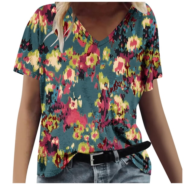 Tops Florales para las Mujeres, Casual V-Cuello Camiseta de Manga Corta Blusa de Moda Hecha de Estante de Imitación para Toda la Temporada de Uso Diario, Tops Cortos para las Mujeres