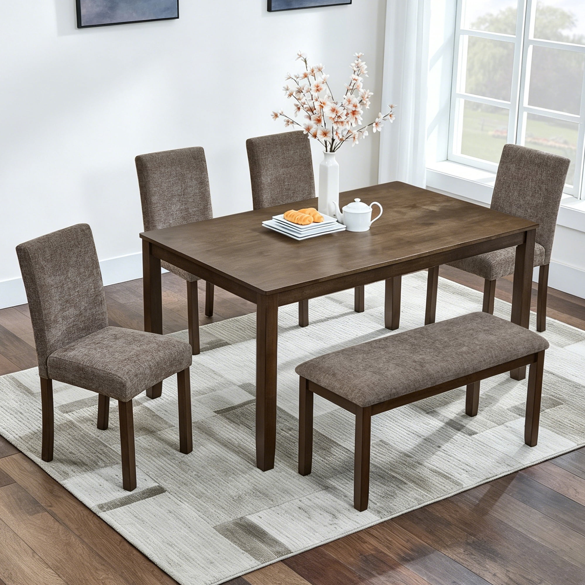 6-Piece Dining Table Set for 6, 58.5" Wood Rectangular Kitchen Table with 4 Chairs & Bench