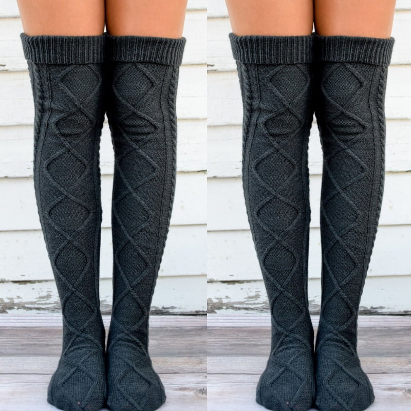 Women Winter Warm Cable Knitted Socks Ribbed Knee High Long Boot Thigh Stockings
