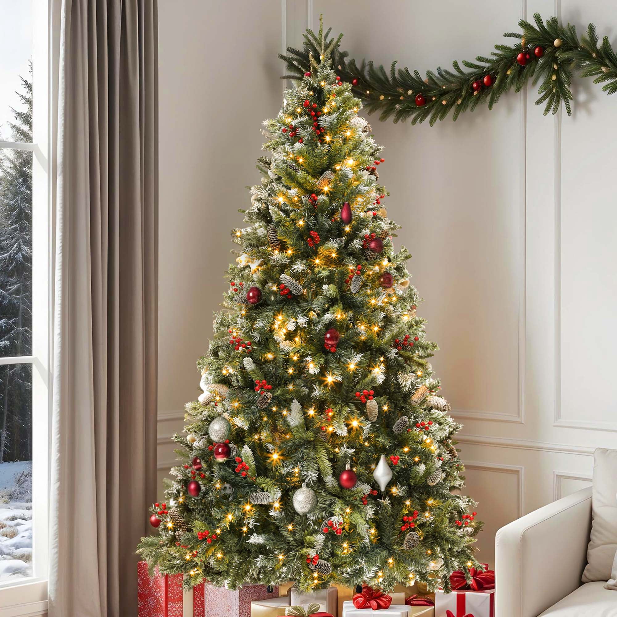 Uforic 7.5 ft Prelit Flocked Pine Artificial Christmas Tree with 1398 Tips & 550 Lights, Remote Control, Green