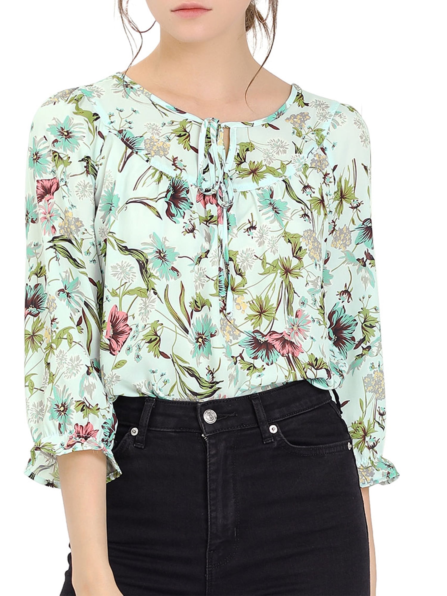 DARING DIVA Tie V Neck Boho Ruffled 3/4 Sleeve Blouse M Green