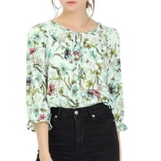 Allegra K Women's Tie V Neck Boho Ruffled 3/4 Sleeve Floral Blouse XL Green