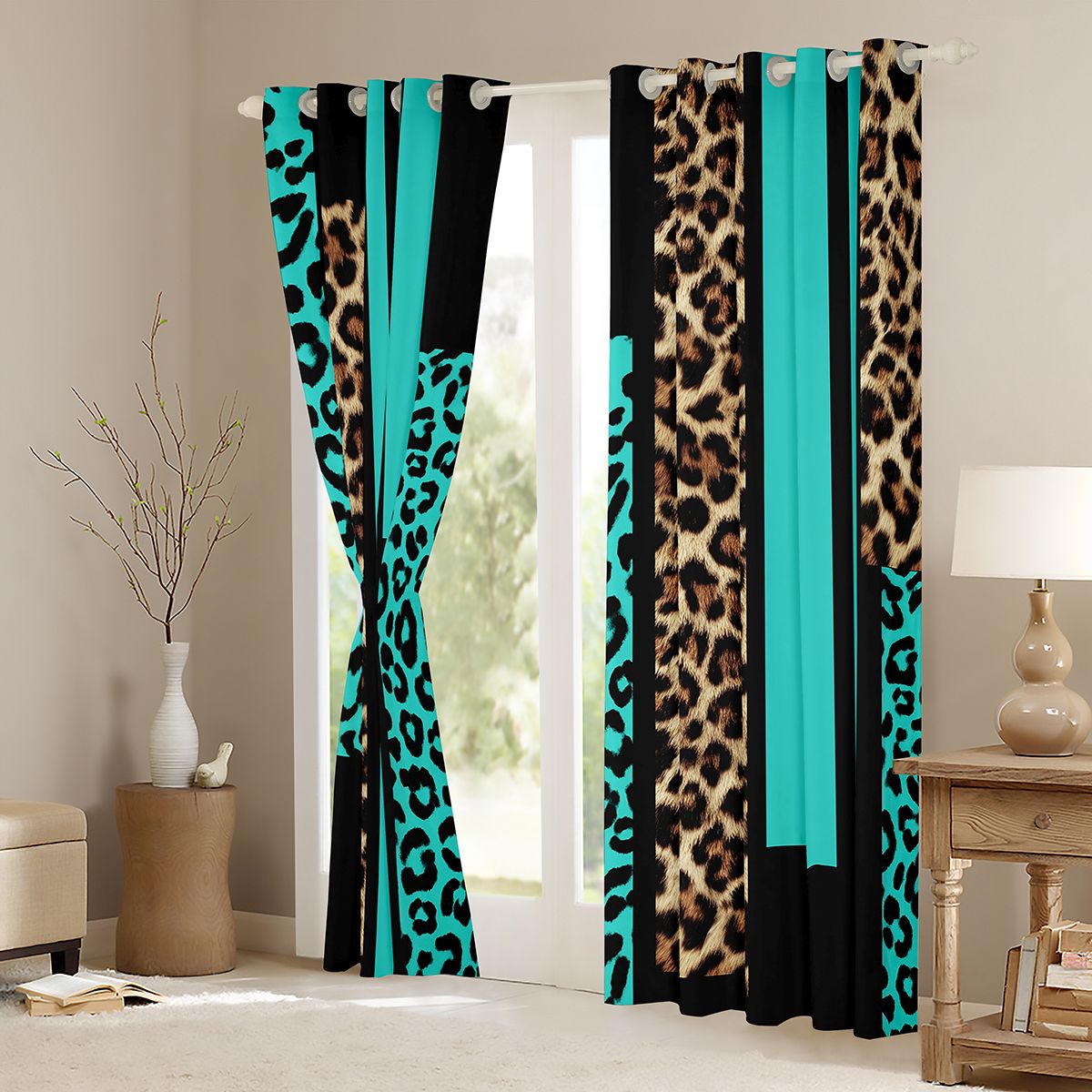 Feelyou Leopard Cheetah Print Curtains Pack of 2 (42x84 Each), Modern Fashion Cyan Curtains Blackout, Teens Adult Women Men Bedroom Curtains, Blackout Curtains Room Decor