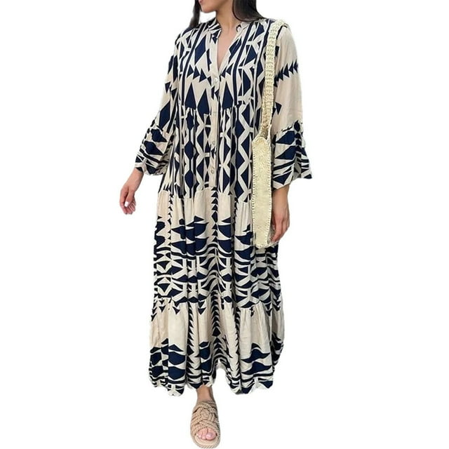 Pisexur Robe à Manches Longues Col en V Mode Imprimée Décontractée Robe Femme