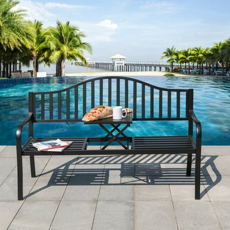 Cast Iron Wood Garden Furniture Sundale Outdoor Deluxe Cast Iron Steel Frame Patio Park Garden Bench Chair with Middle Table for Two Person, Black ()