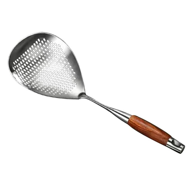 Skimmer Cuchara ranurada Colador de alimentos Colador de cocina anti escaldado Cuchara para freír en la cocina Pasta Freír mango color madera mayimx Cuchara ranurada para espumadera