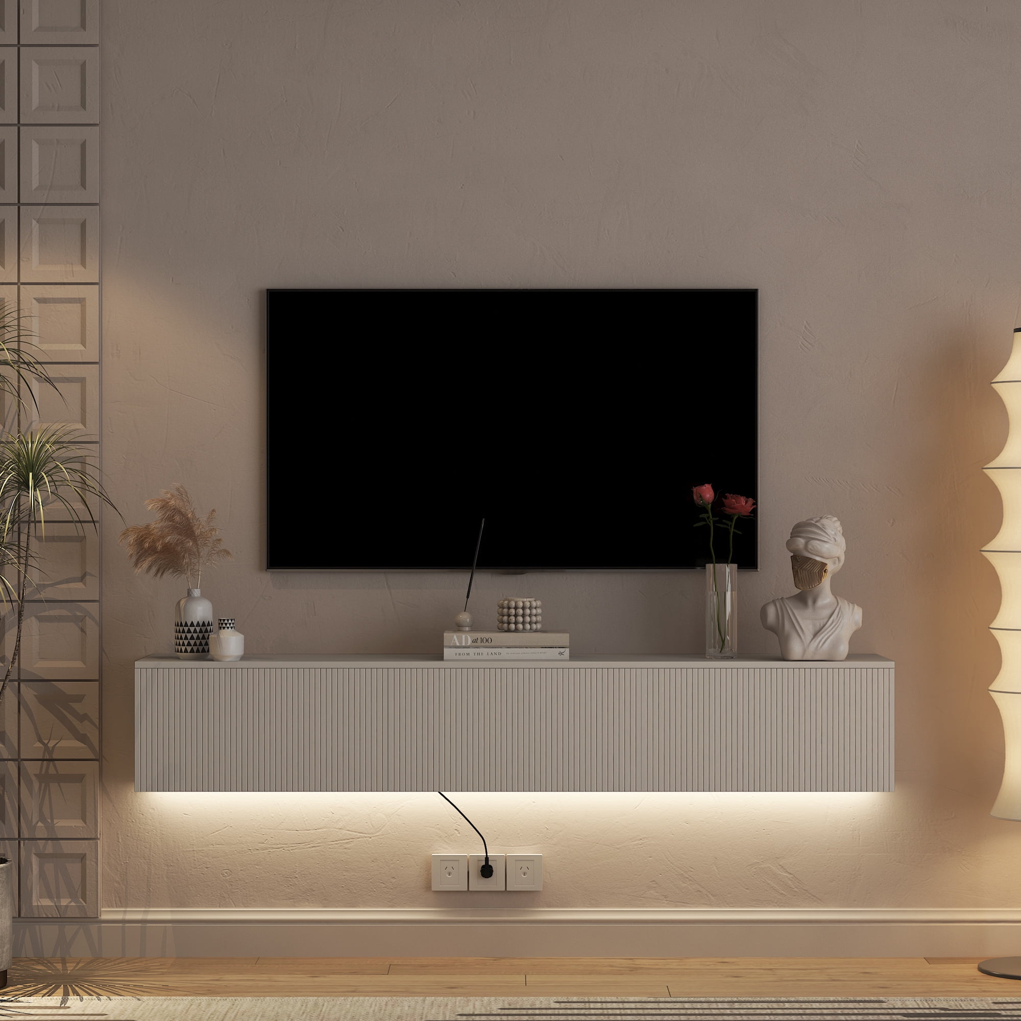 Yoneston Wall Mounted Floating TV Stand wih LED for 55/60/65inch TV, 69" Modern TV Stand with Drawer, High Gloss Entertainment Center for Living Room, White