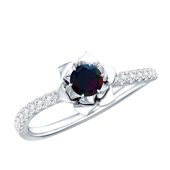 Rosec Jewels Black Opal Flower Engagement Ring - Natural Black Opal Diamond Ring - AAA Grade Certified - with Jewelry Box, 925 Sterling Silver, US 4.00