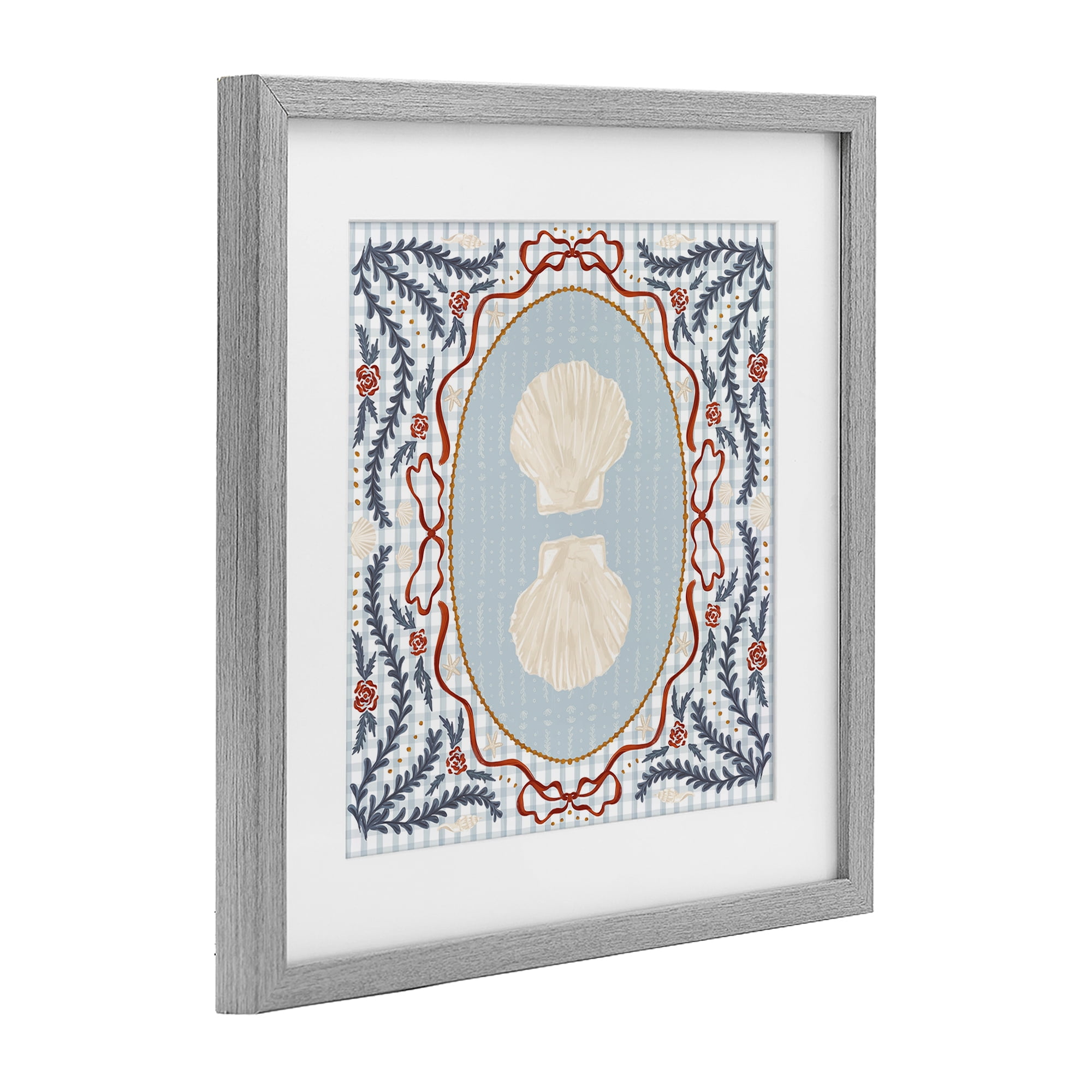 Stupell Industries Shells Portrait on Gingham Gray Framed Print Under Glass, design by Vero Illustrates