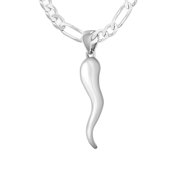 US Jewels Men's 925 Sterling Silver 26mm Italian Horn Good Luck Pendant Necklace