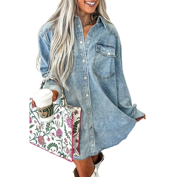 Beau Blue Chest Pocket Raw Hem Denim Loose Shirt Dress for Women | [ZhiHiMeRi] | L