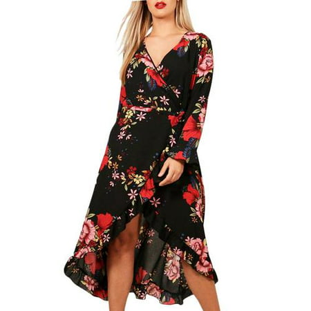 Hot Sale! Women Plus Size Spring Autumn Floral Printing Asymmetrical Long Sleeve V-neck Flare Maxi