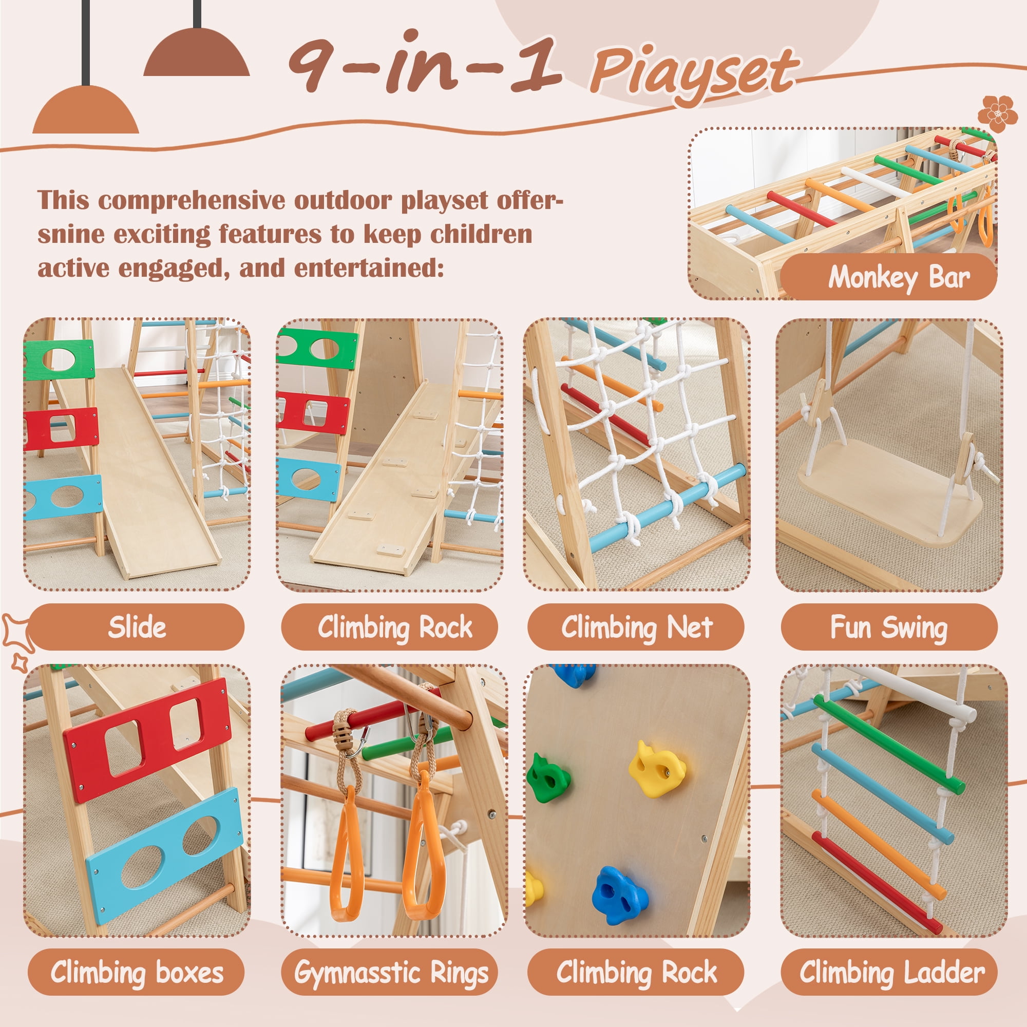 EUROCO 9-in-1 Wooden Jungle Gym for Toddlers, Indoor Montessori Climbing and Slide Set with Climbing Rock, Climbing Net, Swing, Gymnastics Rings