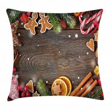Gingerbread Man Throw Pillow Cushion Cover, Festive Christmas Frame with Spices Biscuits Decorative Elements on Table, Decorative Square Accent Pillow Case, 18 X 18 Inches, Multicolor, by Ambesonne
