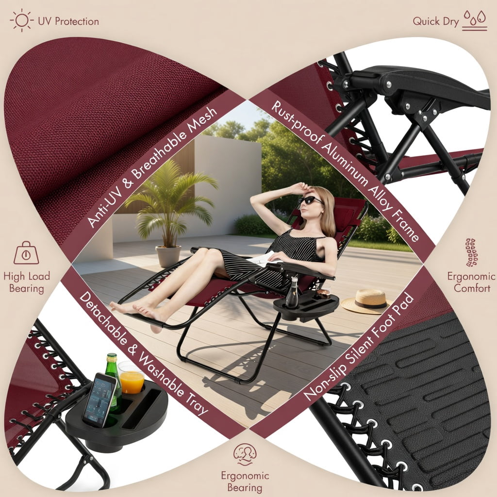 Hommoo Zero Gravity Folding Lounge Chair for Outdoor & Indoor Use, Heavy-Duty Steel Frame, Compact Foldable Design with Cup Holder & Adjustable Recline, Dark Red