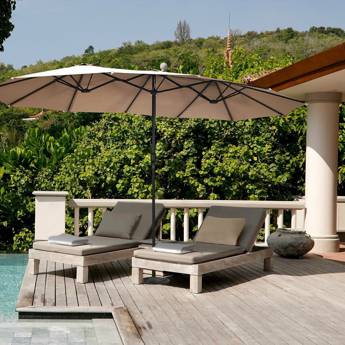 Gymax 15' Twin Patio Umbrella Double-Sided Outdoor Market Umbrella with Crank Tan