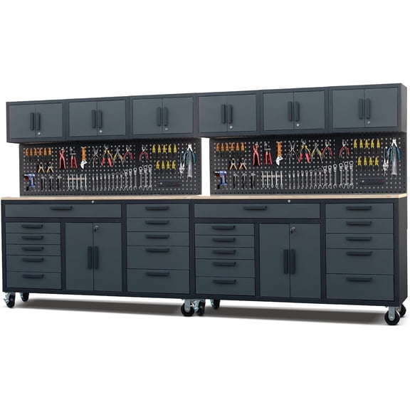 HPDMC 72in Rolling Tool Chest Cabinet, 2PCS Mobile Garage Workbench Heavy-Duty Tool Cabinet on Wheels with 11 Drawers, 2-Door Cabinet, 3 Top Cabinet, Pegboard & Power Strip for Tool Organization