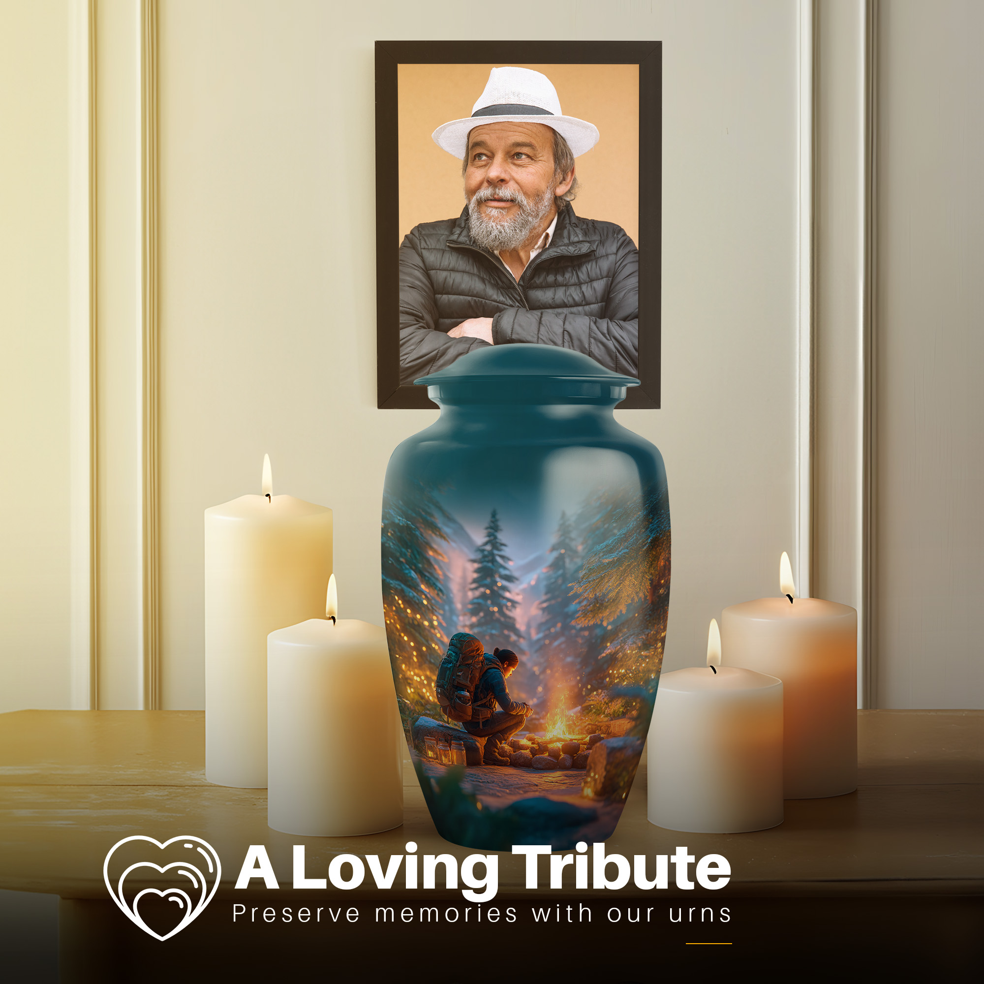 Yatskia Night Campfire Large Funeral Urns for Human Ashes Adult Men and Women, Decorative Cremation Urn for Ashes Adult Male, (Classic Large, 10 Inch)