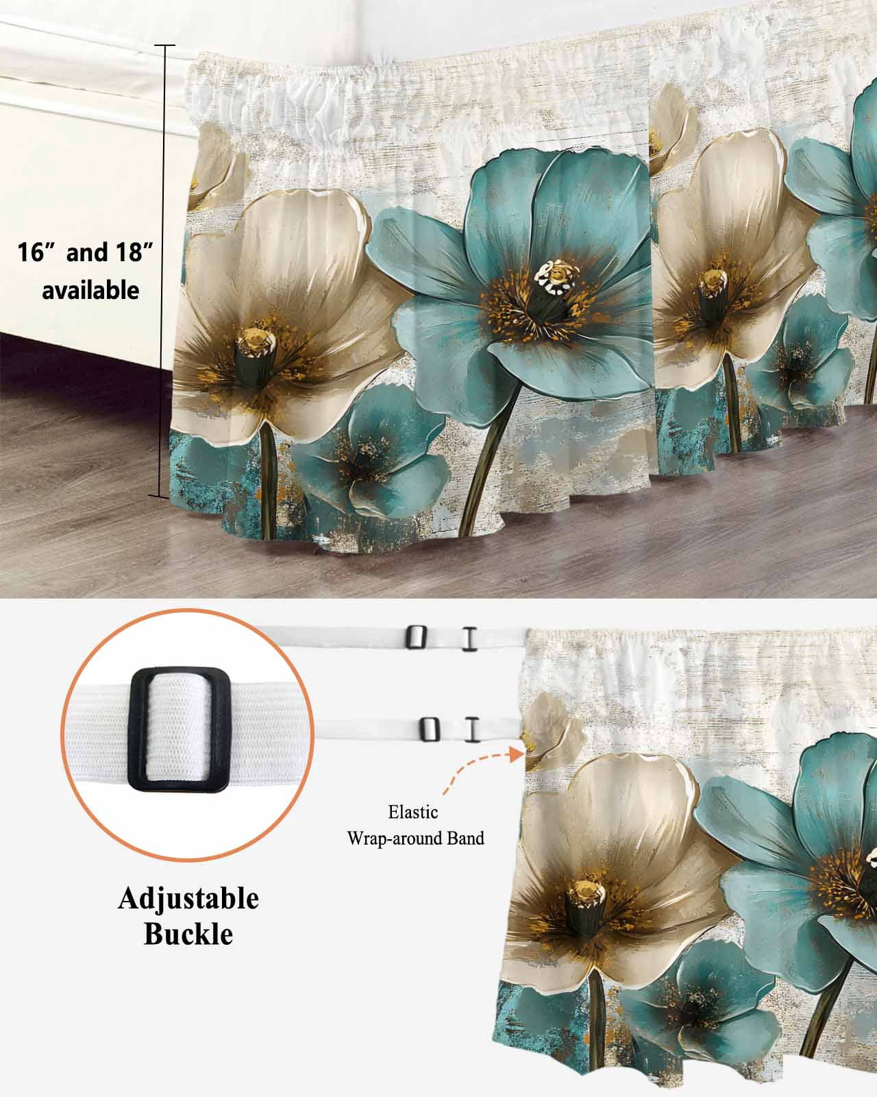 Retro Beige Teal Flowers Bed Skirt Vintage Background Pastoral Style Bed Skirts King Size 18 Inch Drop, Wrap Around Dust Ruffle&nbsp;Bedskirt with Adjustable Elastic Belt for Queen Size Beds