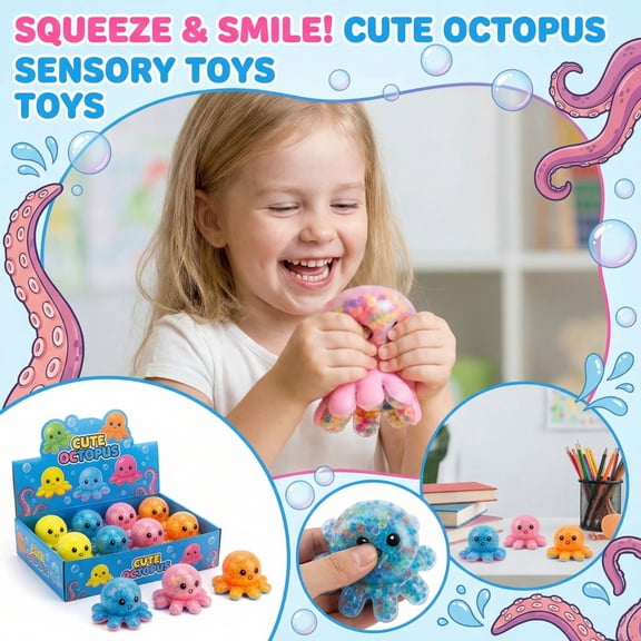 2026 Edition Water-Bead Octopus Squeeze 12-Pack, High-Quality Silicone Cute Squeeze Stress Toys - Translucent Marine Fidget, Hand-Pinching Sensory Toys, Soft Squeeze Decompression Dough for Adults
